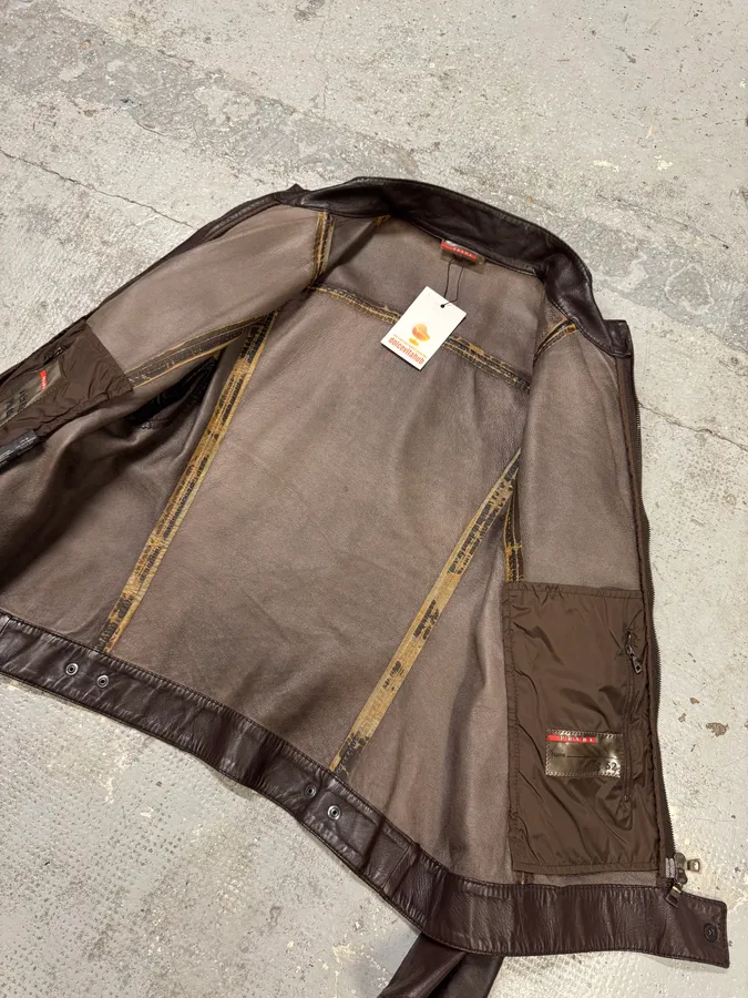 2000s Prada Biker Brown Leather Jacket - Image 9