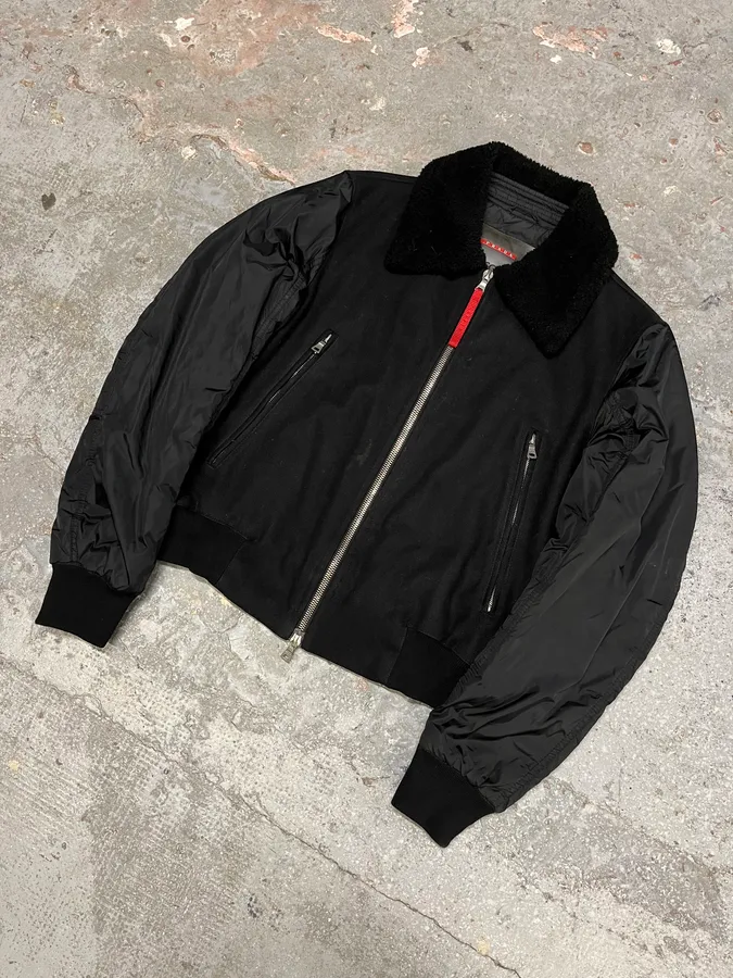 2000s Prada Black Aviator Cozy Bomber Wool Nylon Jacket - Image 4