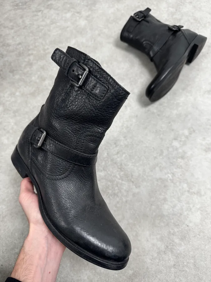 2000s Prada Black Buckle Leather Grained Boots
