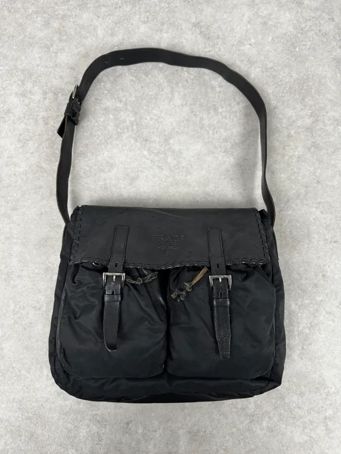 2000s Prada Black Buckles Nylon & Leather Messenger Bag