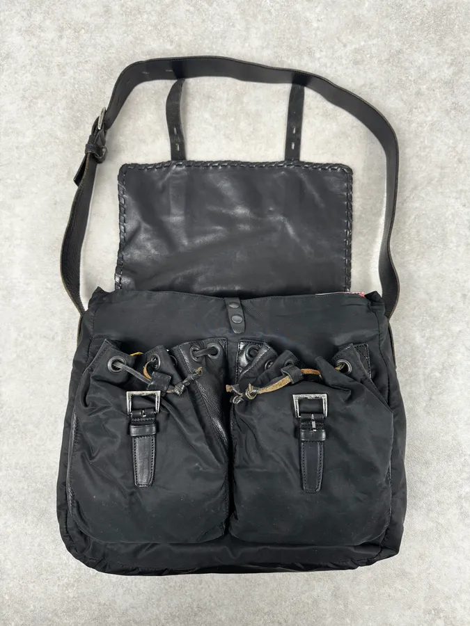 2000s Prada Black Buckles Nylon & Leather Messenger Bag - Image 2