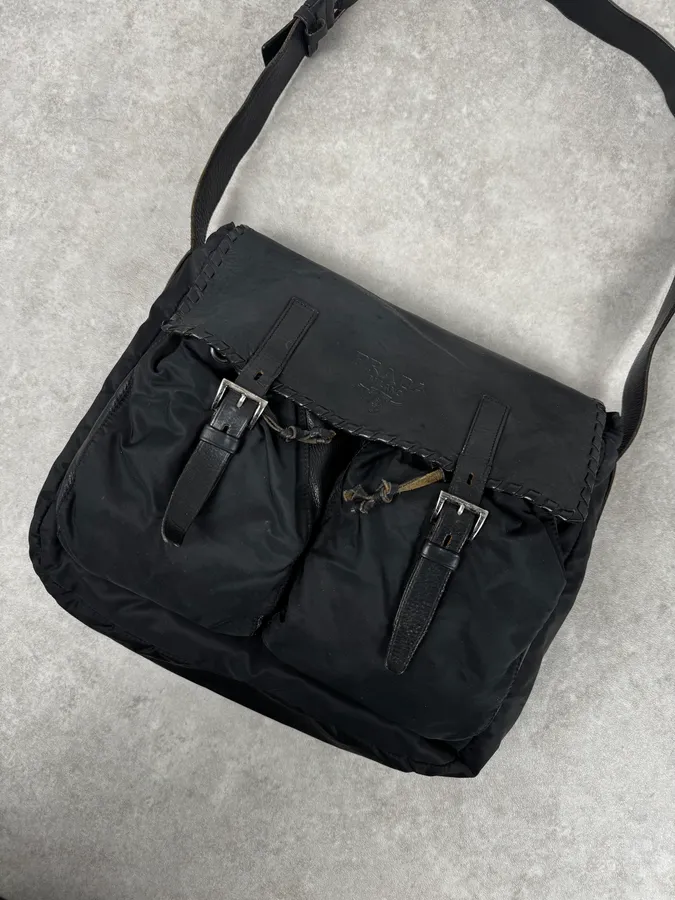 2000s Prada Black Buckles Nylon & Leather Messenger Bag - Image 6
