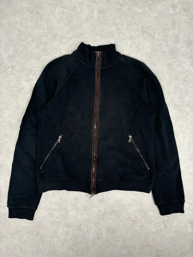 2000s Prada Black Elbow Patch Wool Zip-Up Sweater