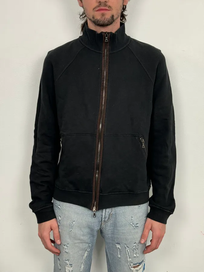 2000s Prada Black Elbow Patch Wool Zip-Up Sweater - Image 2