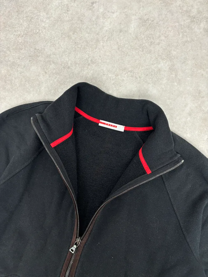2000s Prada Black Elbow Patch Wool Zip-Up Sweater - Image 8