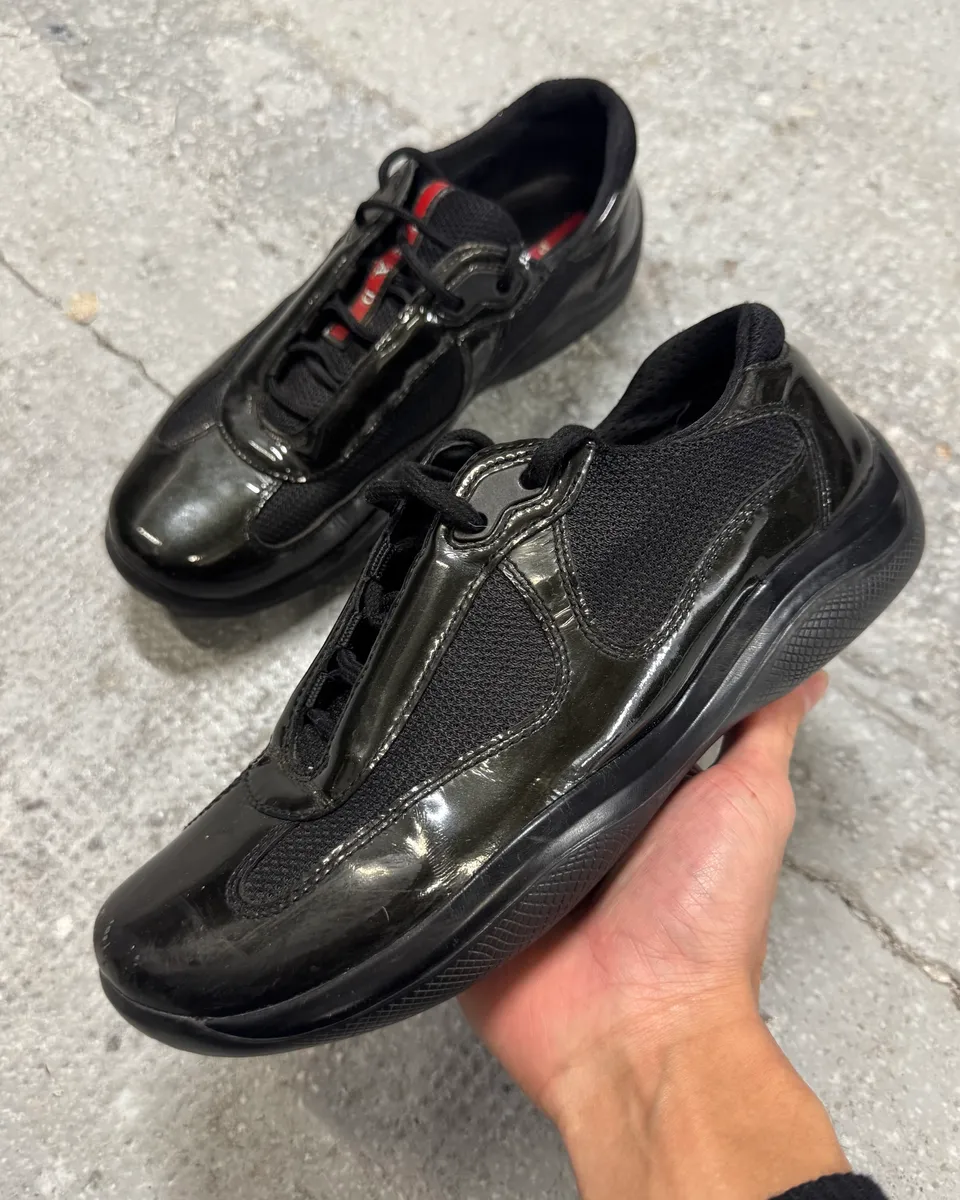 2000s Prada Black Green America’s Cup Leather Sneakers
