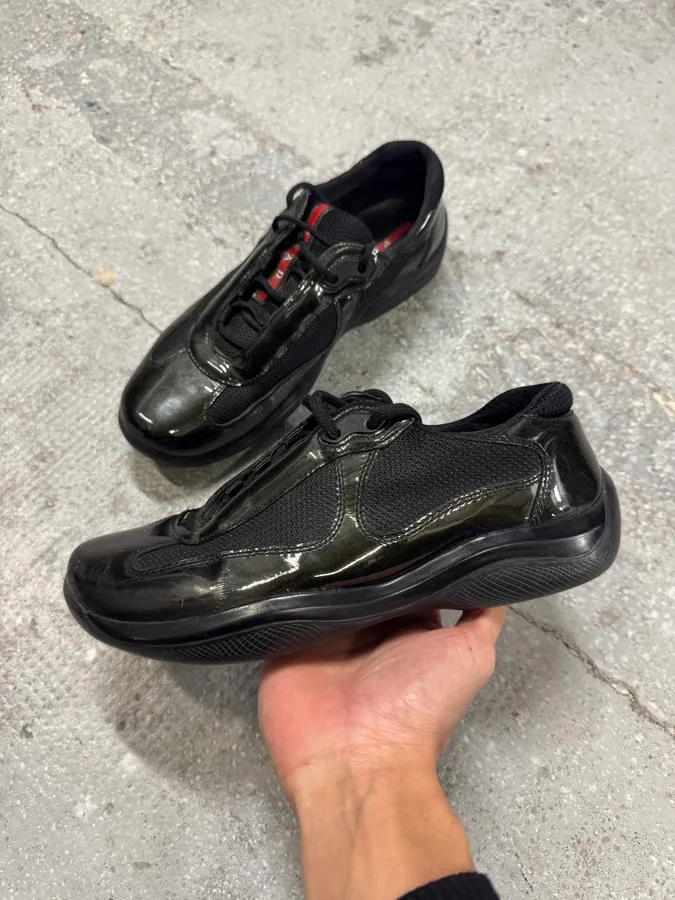 2000s Prada Black Green America’s Cup Leather Sneakers - Image 2