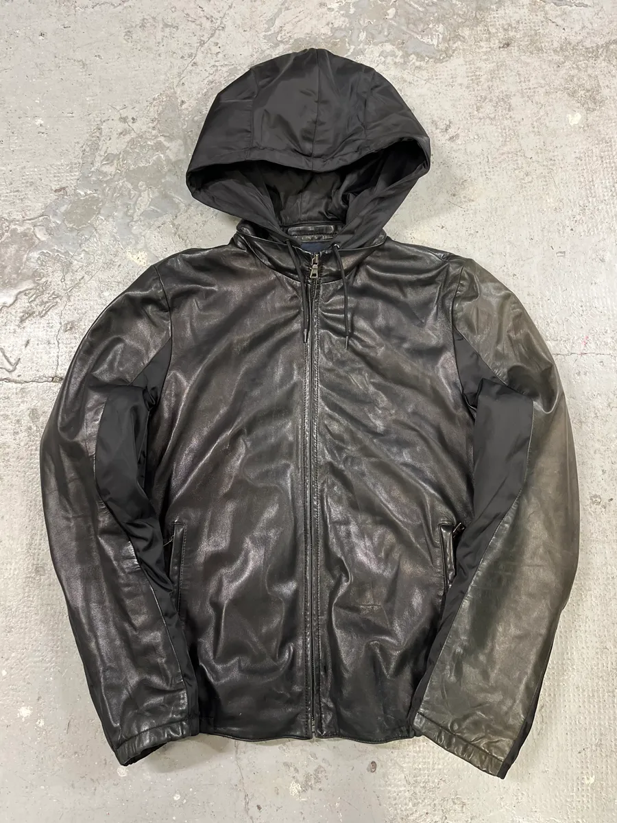 2000s Prada Black Lamb Leather Hooded Nylon Jacket