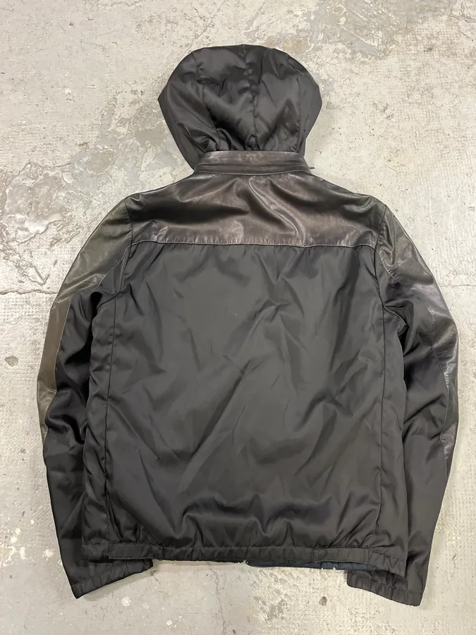 2000s Prada Black Lamb Leather Hooded Nylon Jacket - Image 2