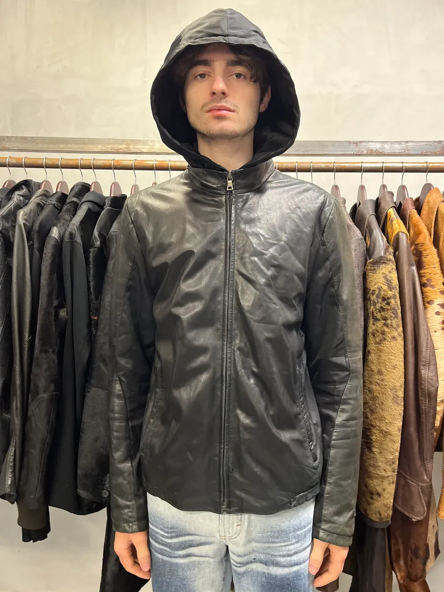 2000s Prada Black Lamb Leather Hooded Nylon Jacket - Image 3