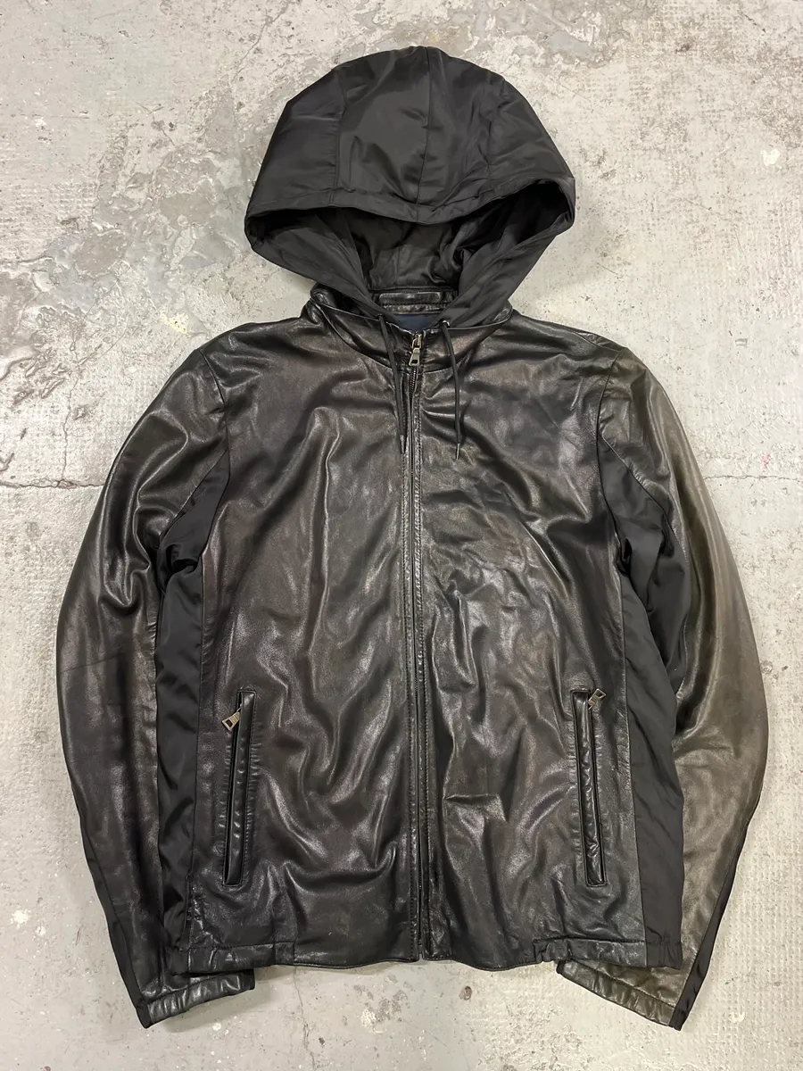 2000s Prada Black Lamb Leather Hooded Nylon Jacket - Image 4