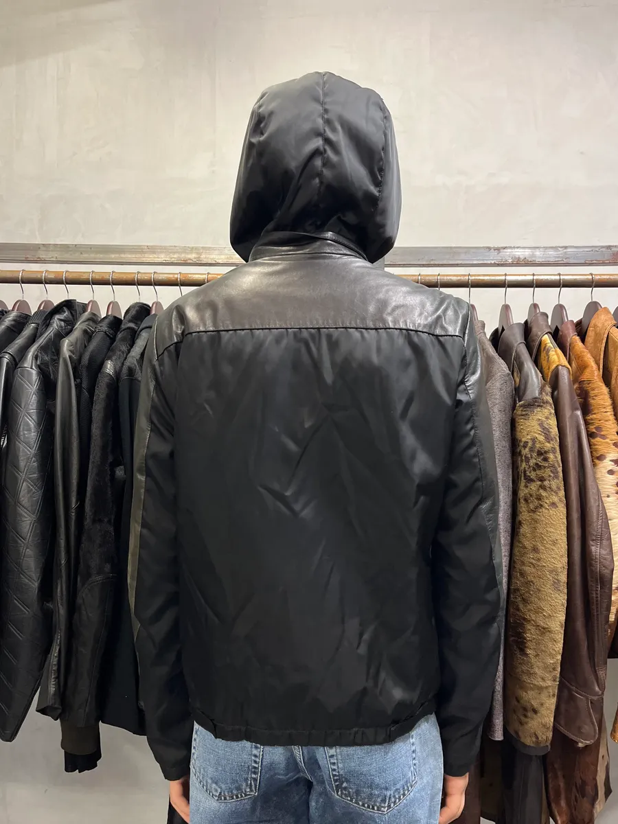 2000s Prada Black Lamb Leather Hooded Nylon Jacket - Image 5