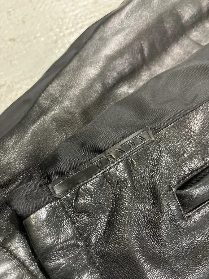 2000s Prada Black Lamb Leather Hooded Nylon Jacket - Image 7