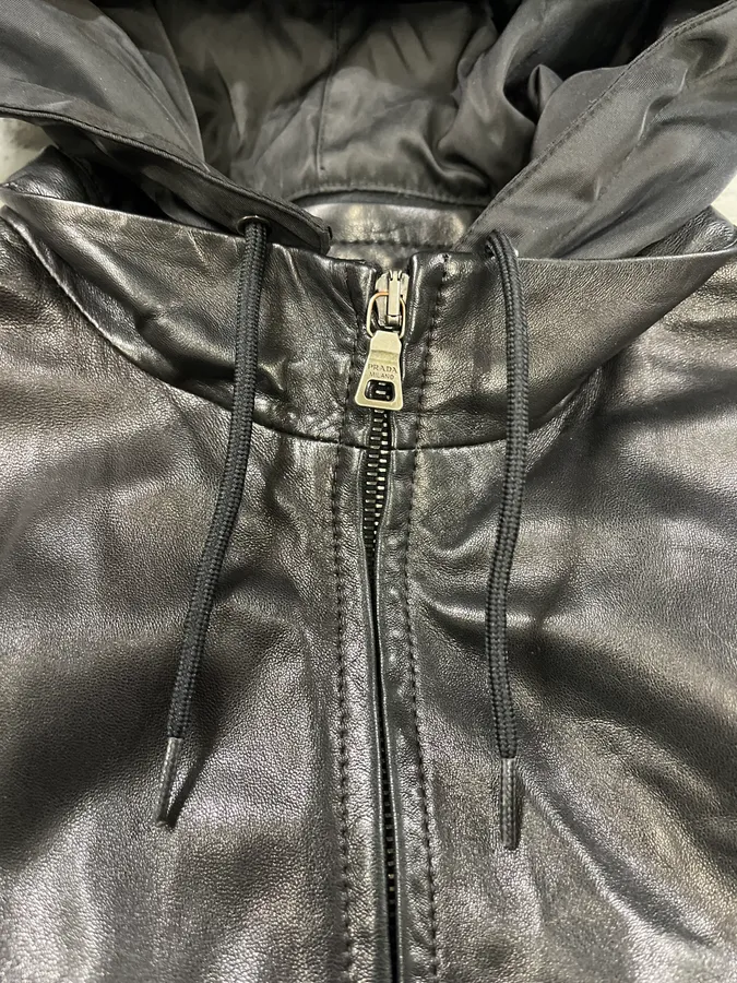 2000s Prada Black Lamb Leather Hooded Nylon Jacket - Image 9