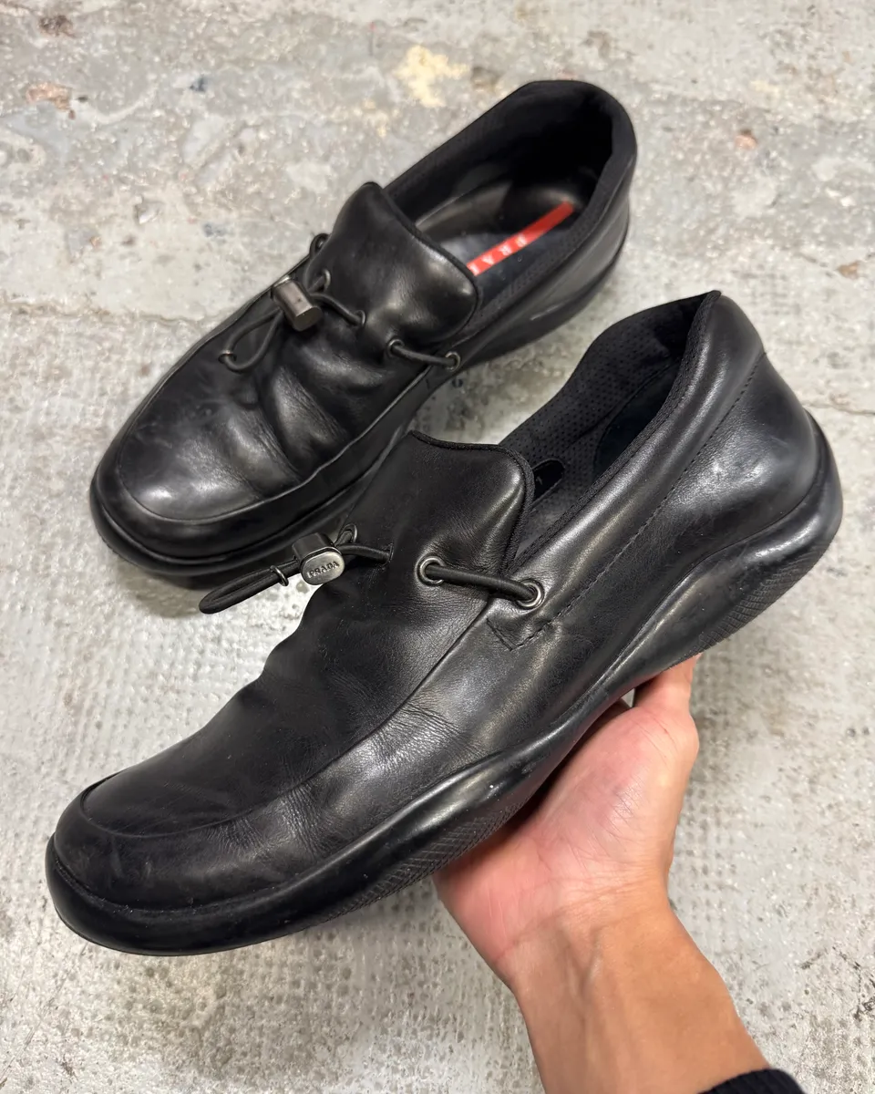 2000s Prada Black Leather Boat Loafers
