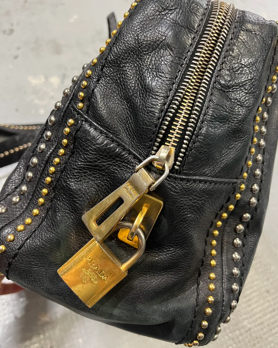 2000s Prada Black Leather Studded Shoulder Bag - Image 6