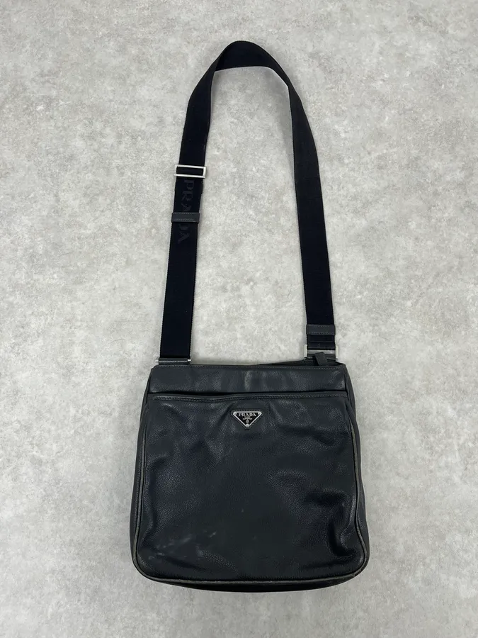 2000s Prada Black Minimalist Black Leather Shoulder Bag