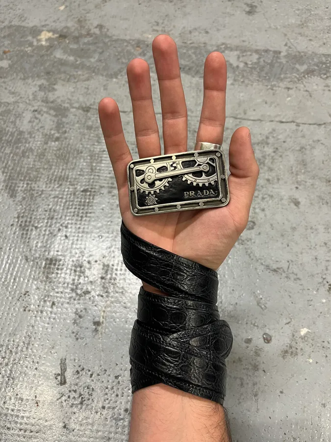 2000s Prada Black Robot Buckle Leather Belt