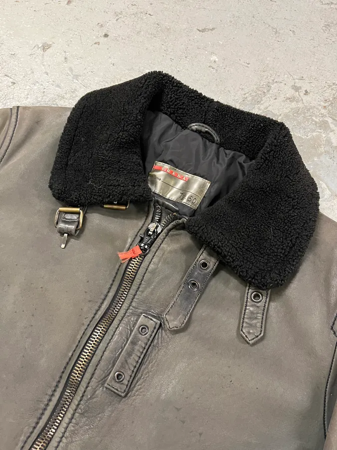 2000s Prada Black Shearling Mafia Leather Jacket - Image 4