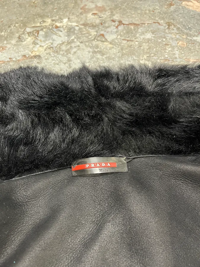 2000s Prada Black Sheep Fur Leather Jacket - Image 14