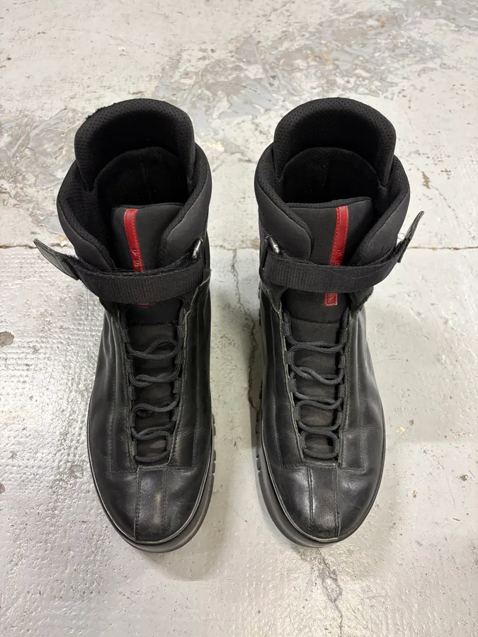 2000s Prada Black Strap Hiking Leather Boots - Image 2