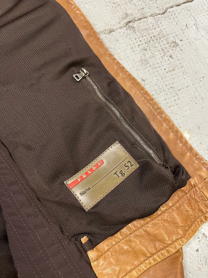 2000s Prada Brown Aged Leather Biker Jacket - Image 12