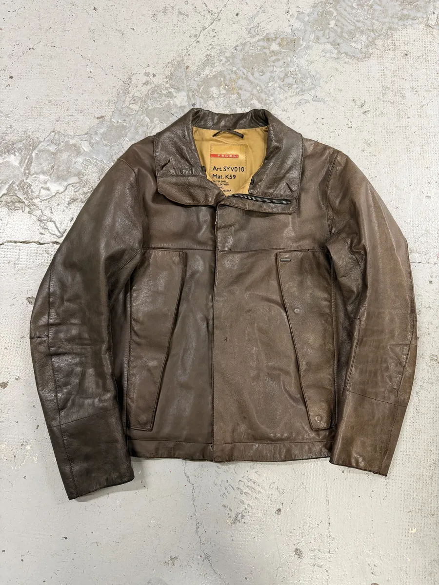 2000s Prada Brown Avant-Garde Biker Leather Jacket