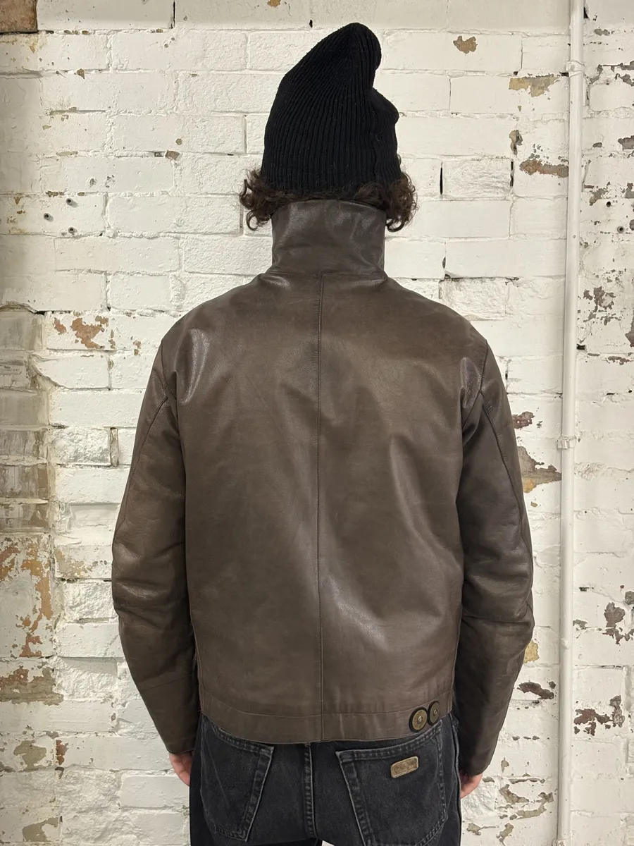 2000s Prada Brown Avant-Garde Biker Leather Jacket - Image 4