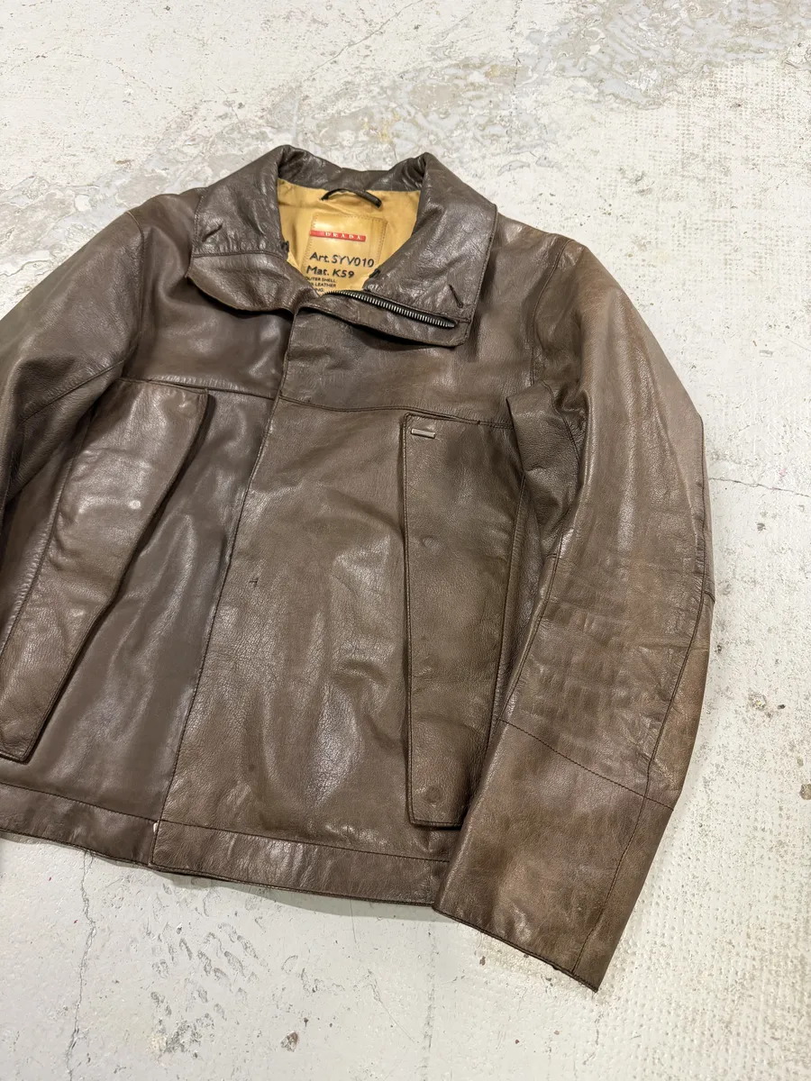 2000s Prada Brown Avant-Garde Biker Leather Jacket - Image 7