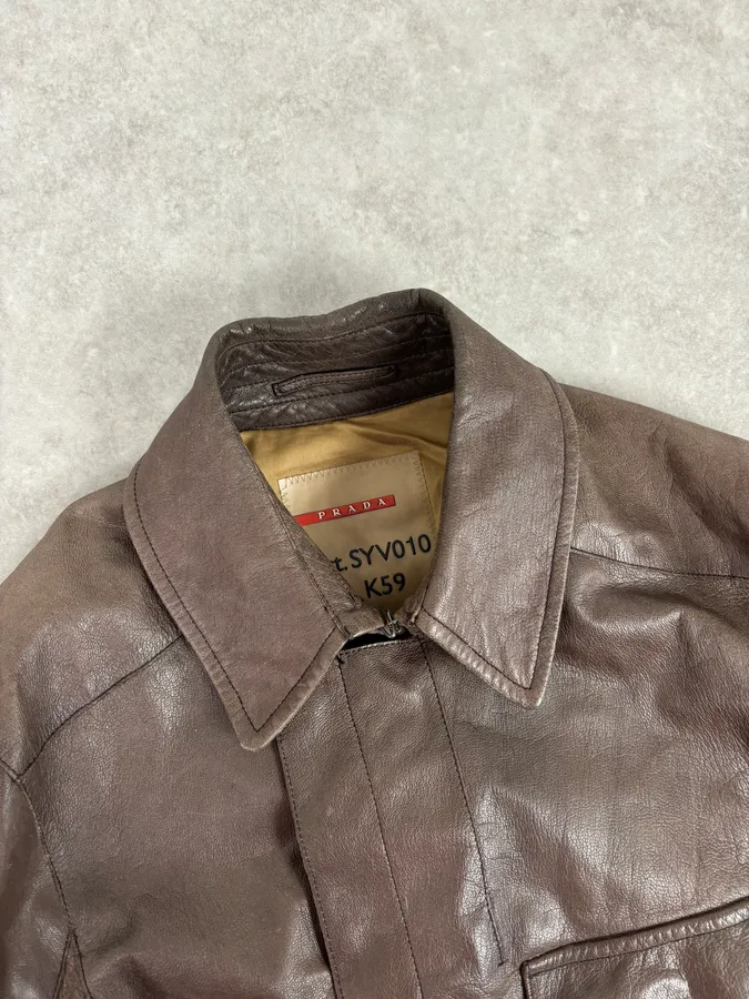 2000s Prada Brown Avant-Garde Leather Asymmetrical Jacket - Image 5