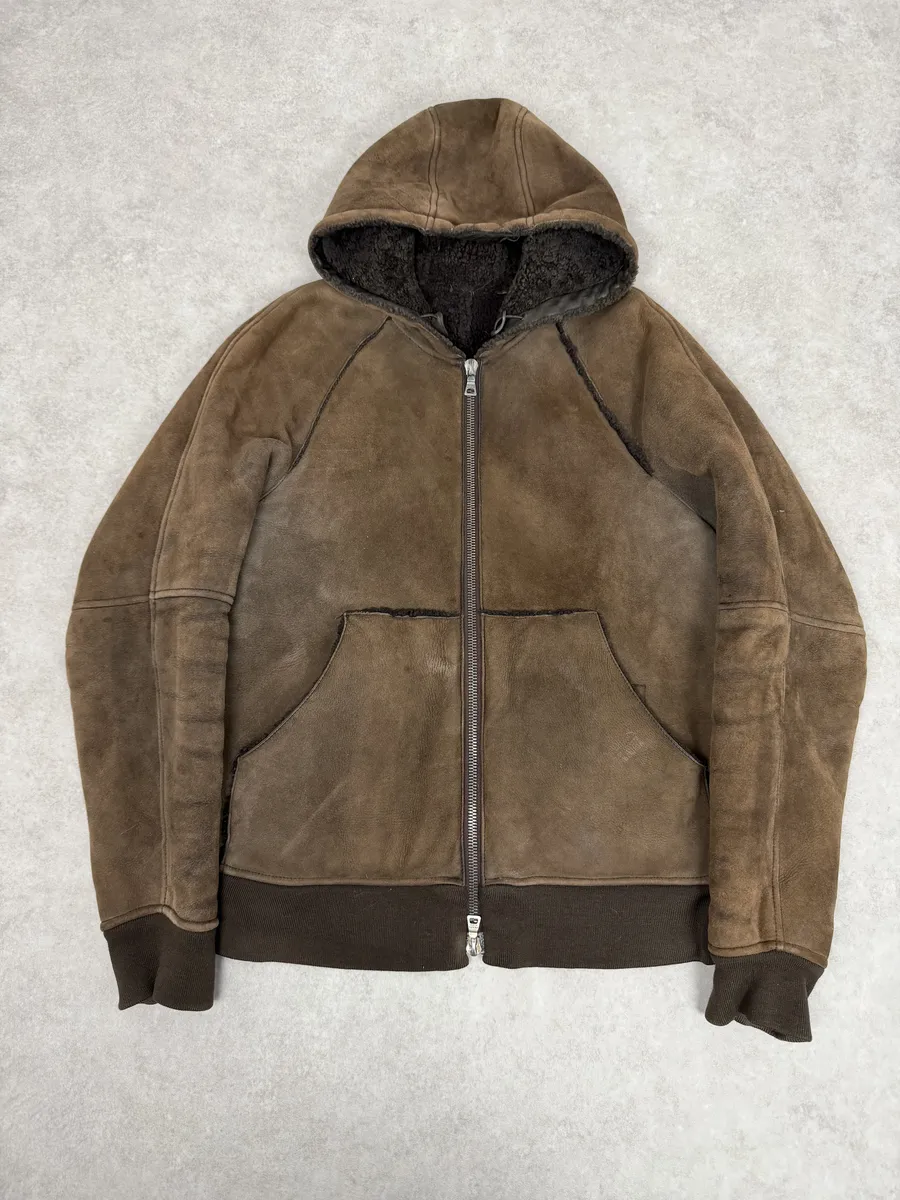 2000s Prada Brown Eroded Hooded Leather Jacket