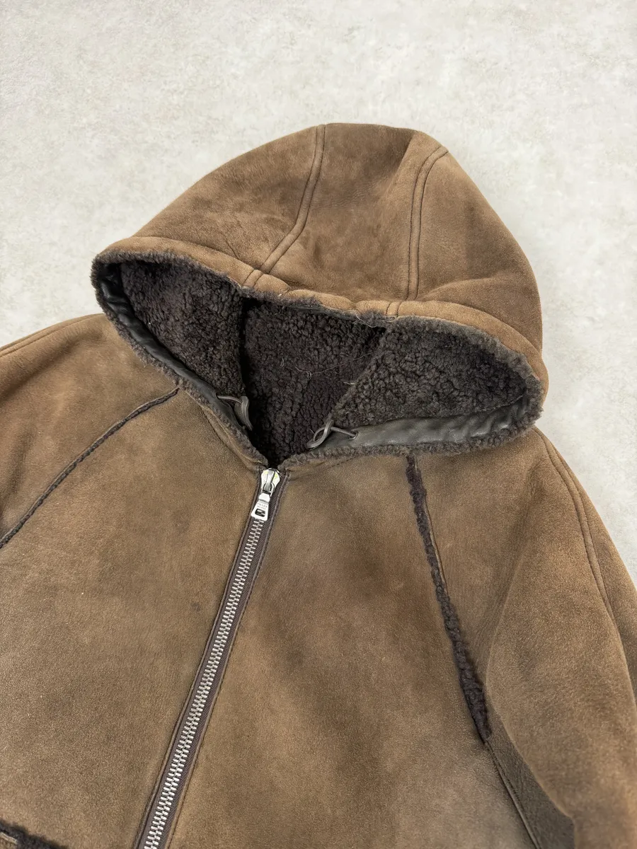2000s Prada Brown Eroded Hooded Leather Jacket - Image 14
