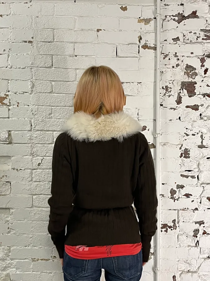 2000s Prada Brown Fur Collar Cardigan Sweater - Image 3