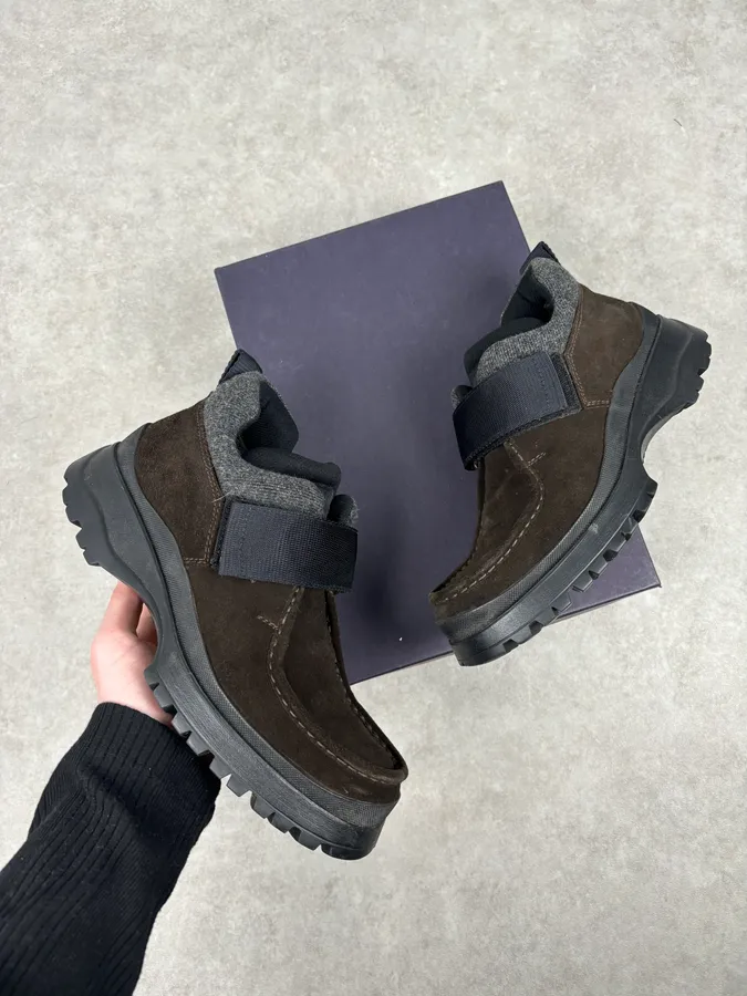 2000s Prada Brown Suede Leather Velcro Boots