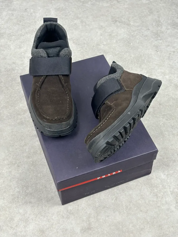 2000s Prada Brown Suede Leather Velcro Boots - Image 2