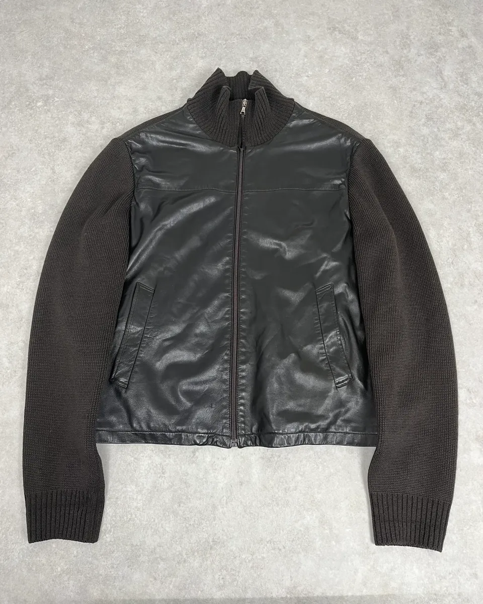 2000s Prada Brown Wool & Black Front Leather Jacket