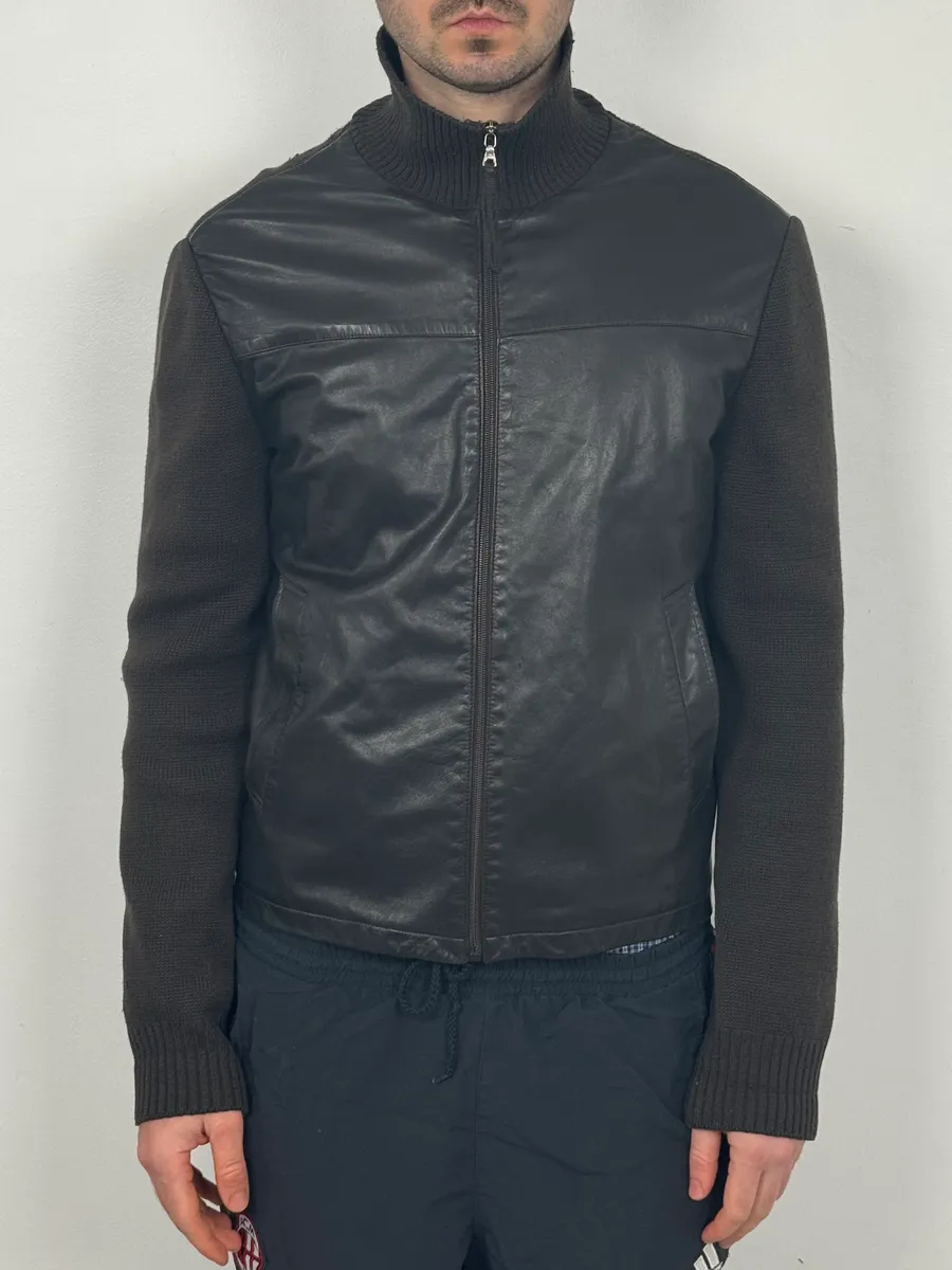2000s Prada Brown Wool & Black Front Leather Jacket - Image 2