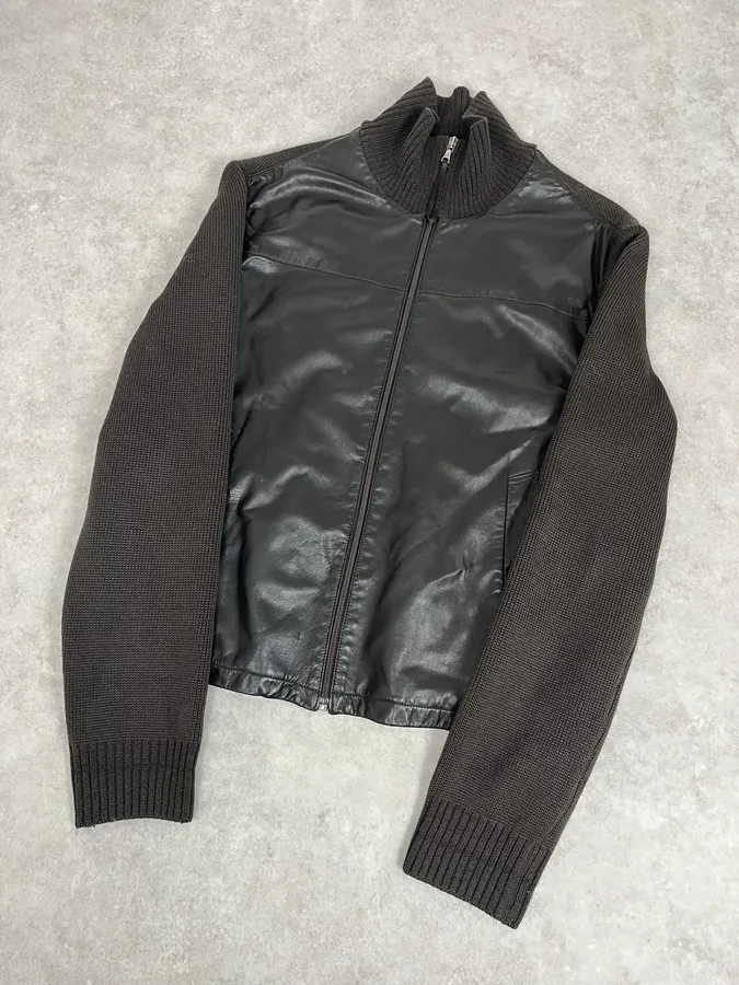 2000s Prada Brown Wool & Black Front Leather Jacket - Image 4