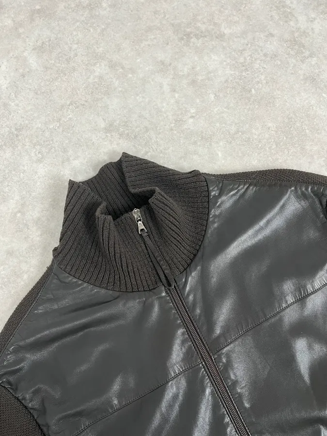 2000s Prada Brown Wool & Black Front Leather Jacket - Image 5