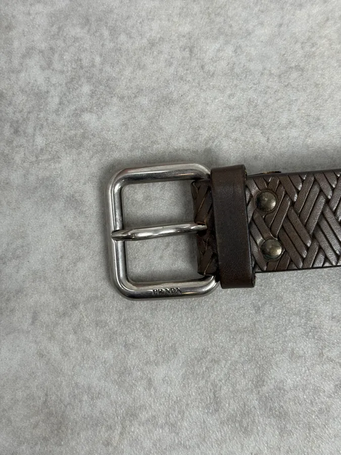 2000s Prada Brown Wover Leather Minimalist Belt - Image 5