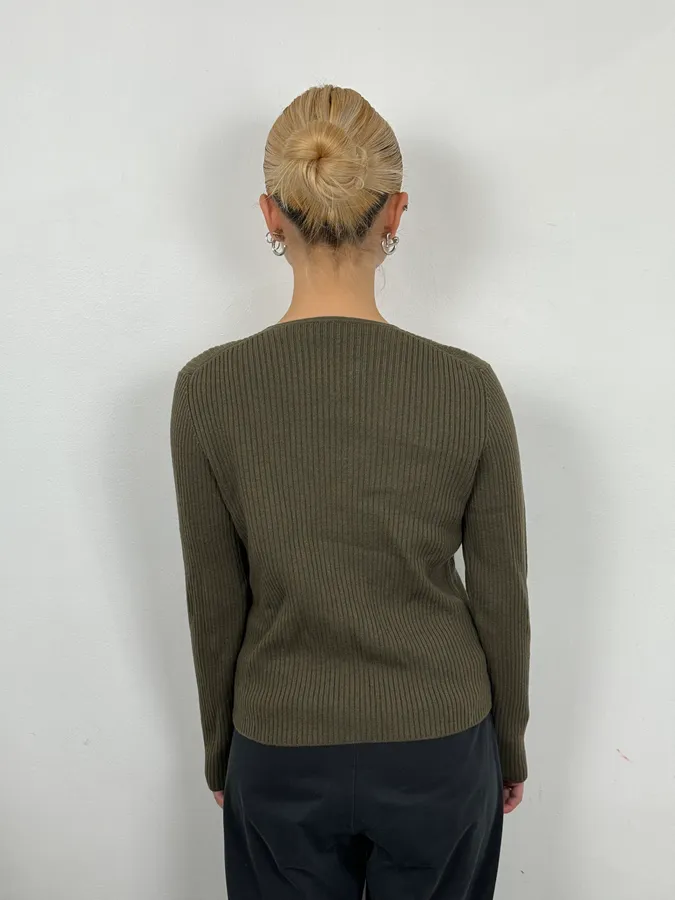 2000s Prada Classic Khaki Wool Cardigan - Image 2