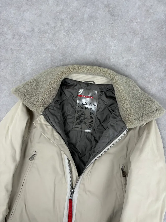 2000s Prada Cream Sherpa Collar Bomber Jacket - Image 8