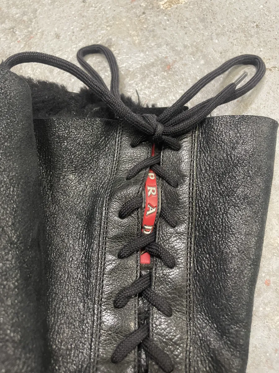 2000s Prada Dark Ankle Leather Laced Fur Boots - Image 7