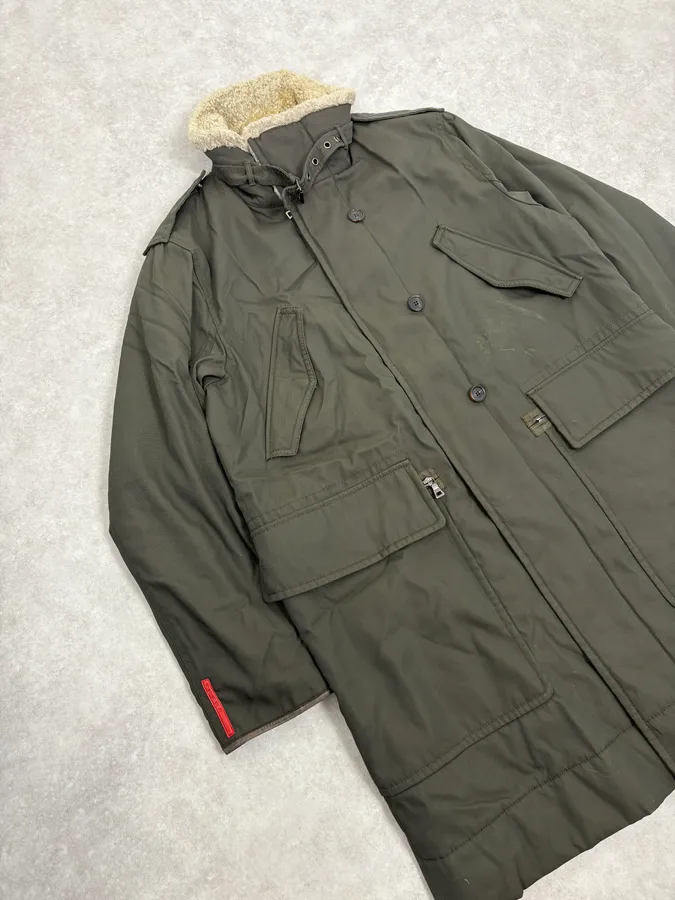 2000s Prada Dark Olive Green Parka Long Jacket - Image 4