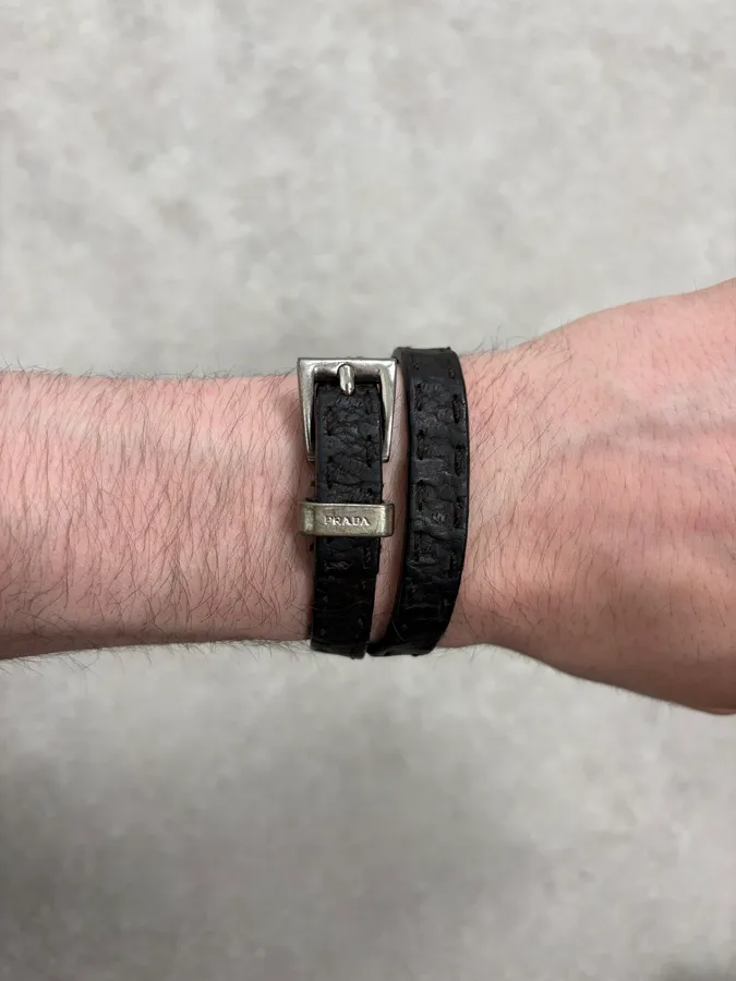 2000s Prada Double Wrap Dark Leather Bracelet - Image 2