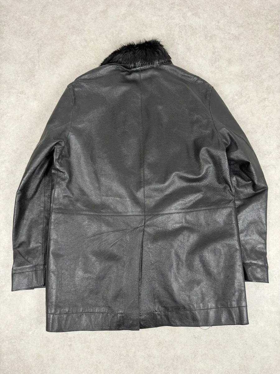 2000s Prada Fur Effect Collar Pure Black Leather Caban Jacket - Image 4