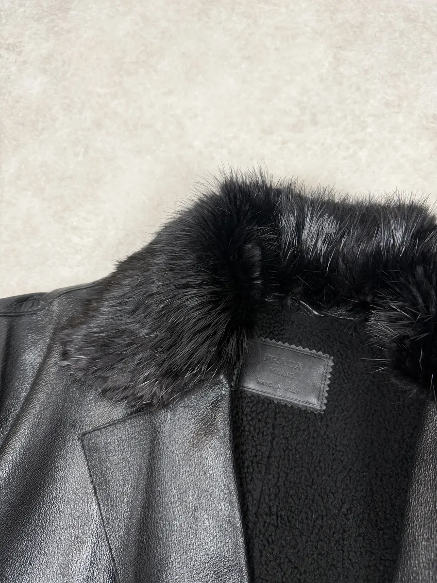 2000s Prada Fur Effect Collar Pure Black Leather Caban Jacket - Image 5