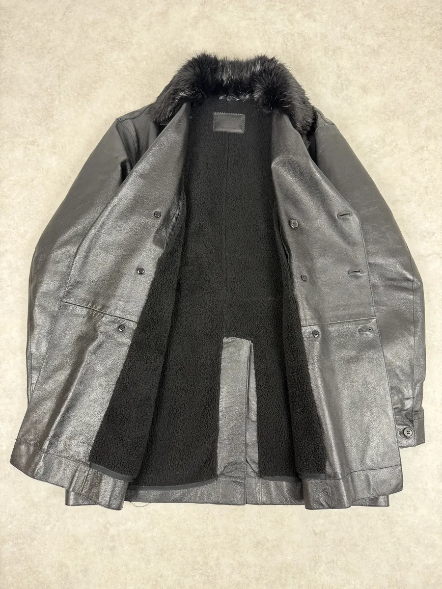 2000s Prada Fur Effect Collar Pure Black Leather Caban Jacket - Image 6