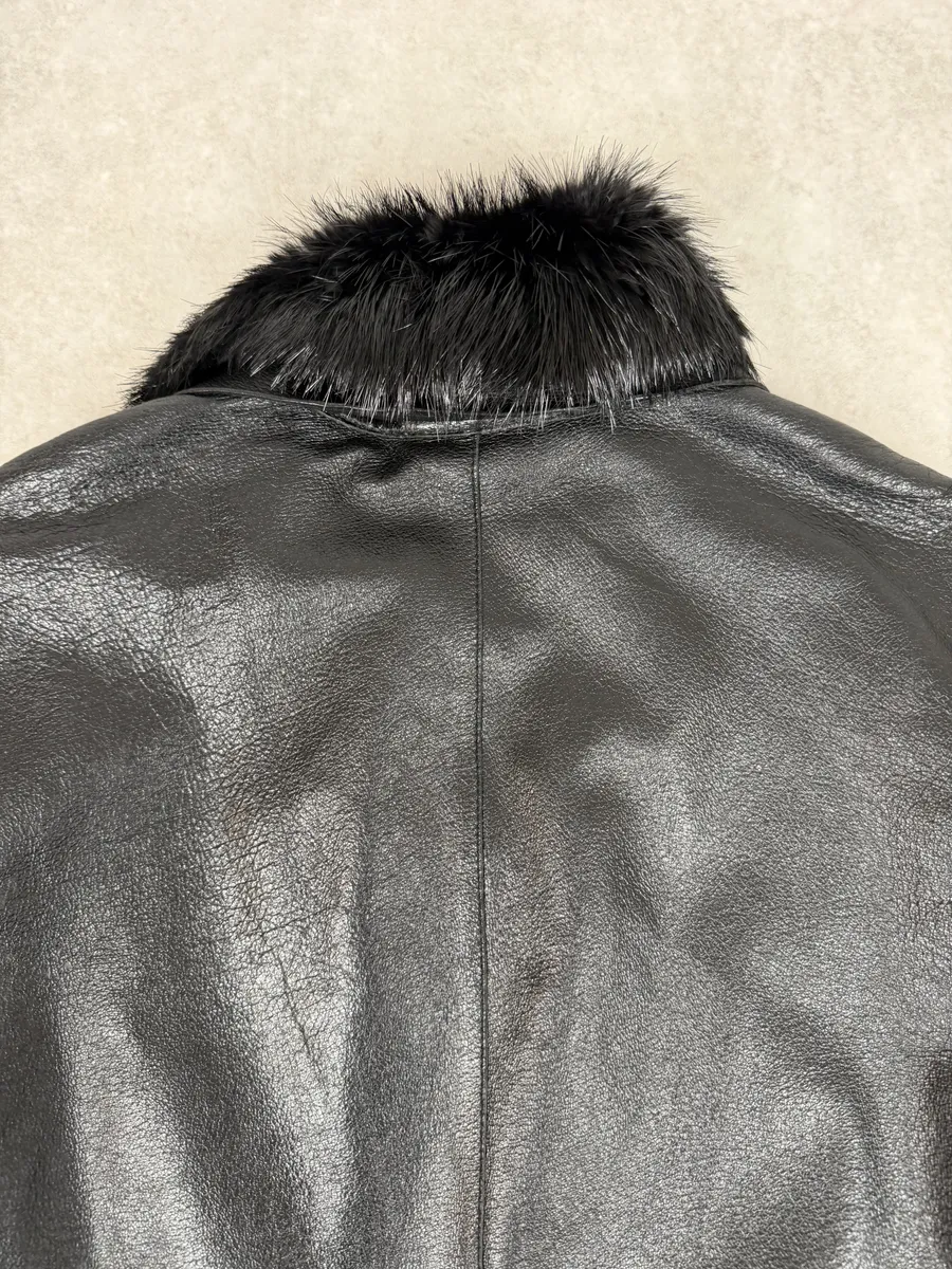 2000s Prada Fur Effect Collar Pure Black Leather Caban Jacket - Image 7