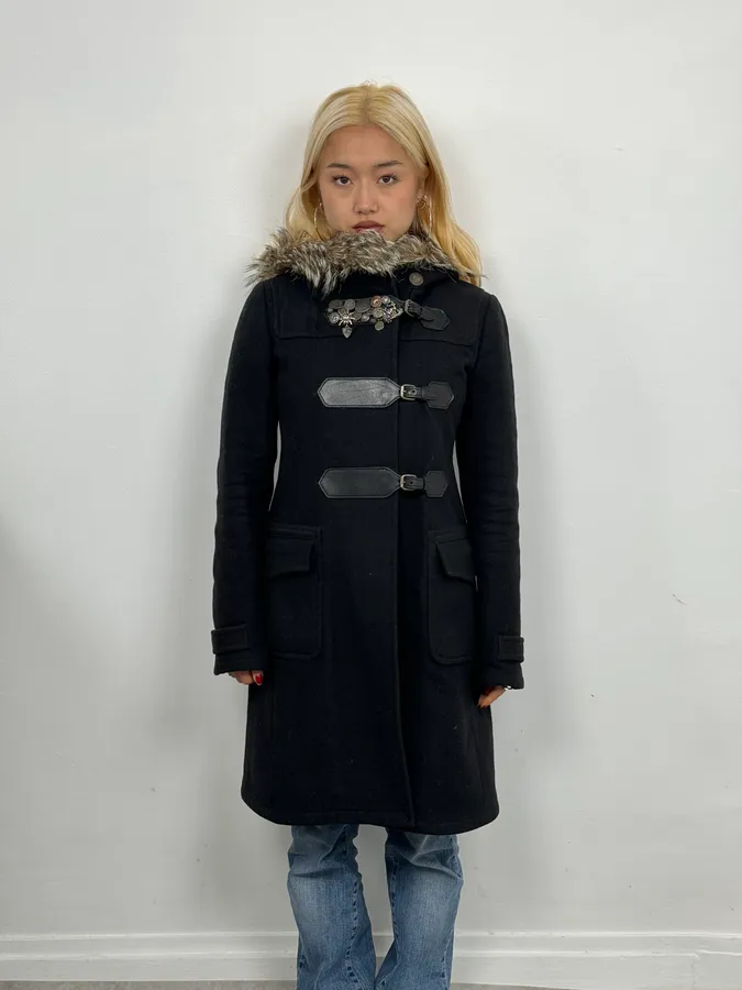 2000s Prada Fur Hooded Pins Straps Wool Long Jacket - Image 2